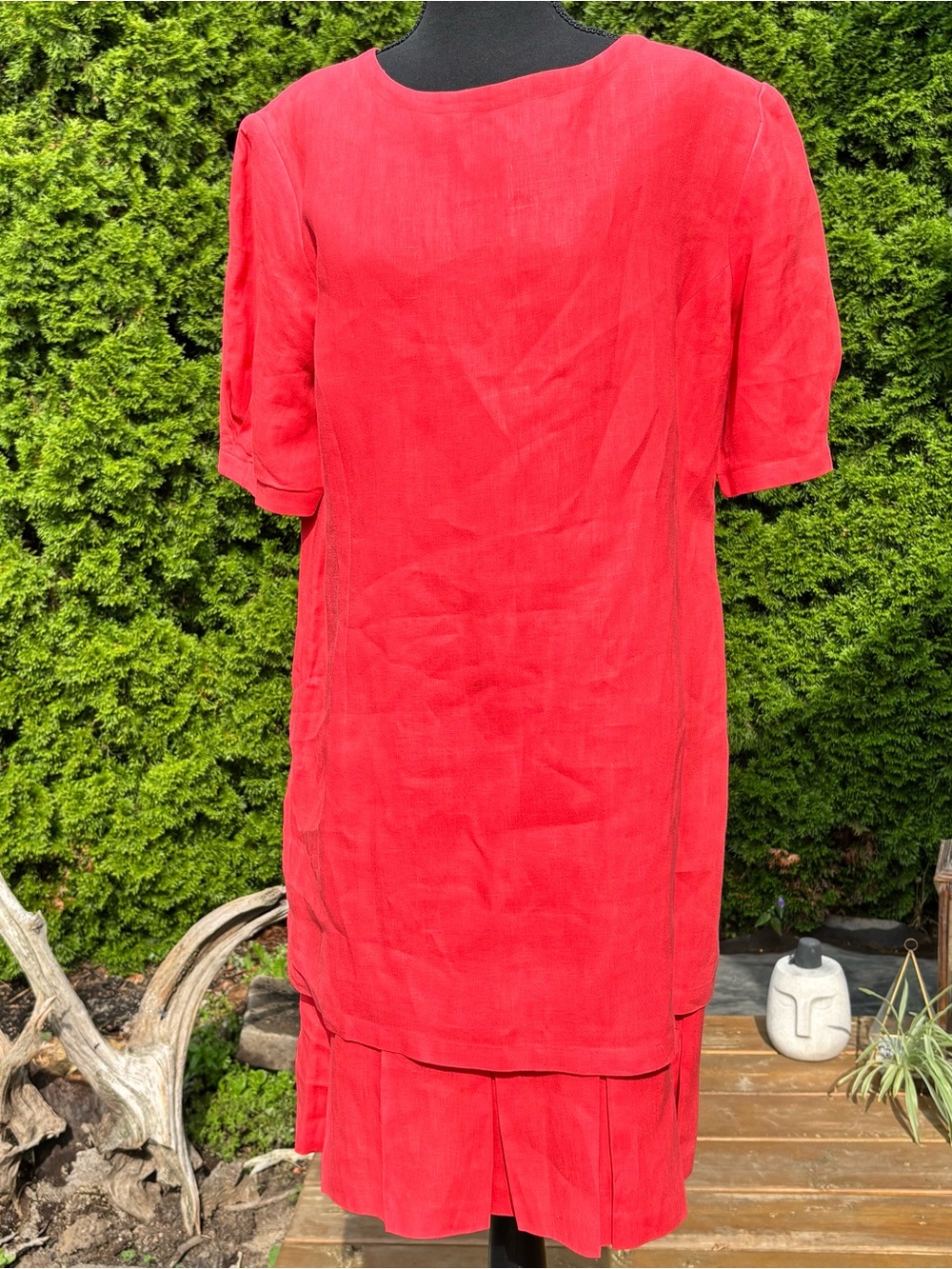 Red Linen Shift Dress with Pleated Hem | Short Sleeve Midi Dress